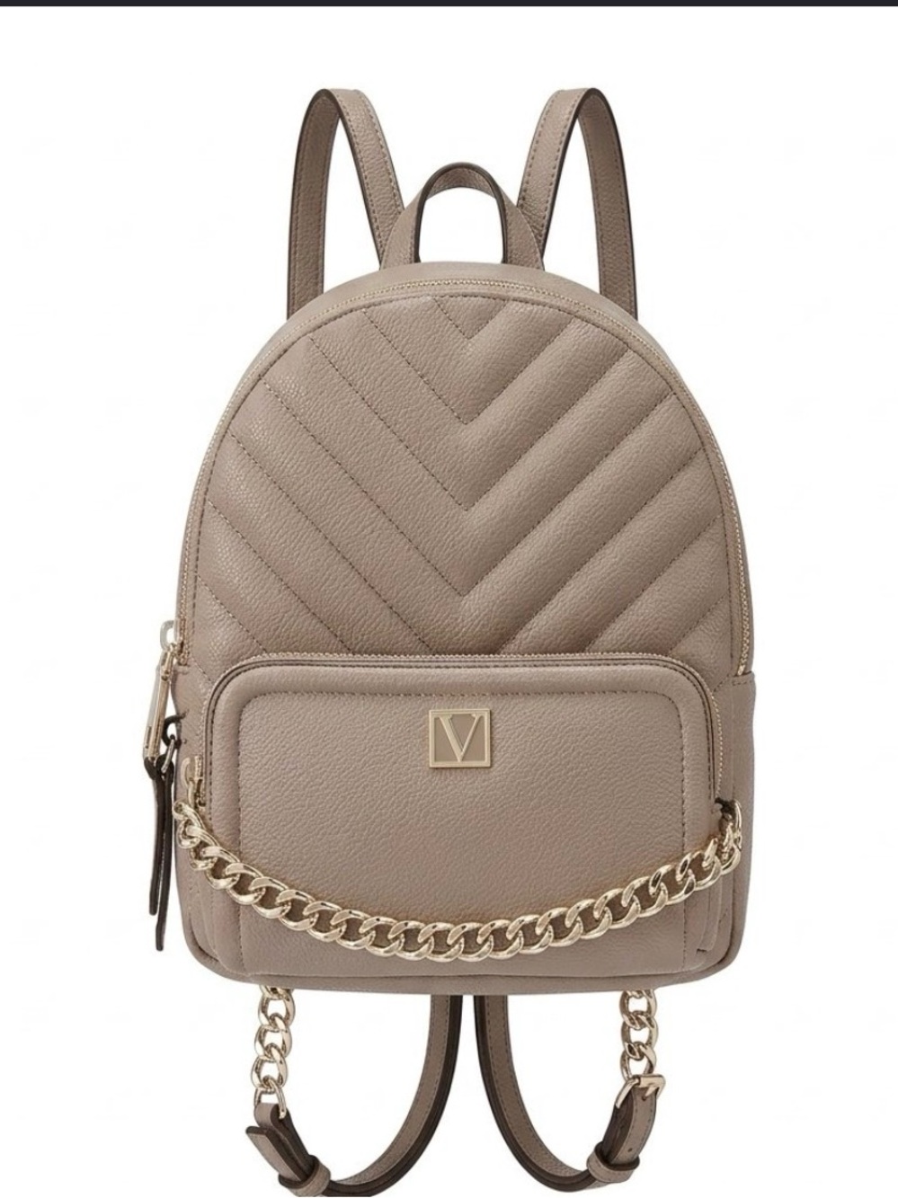 Victoria's Secret Tan Quilted Backpack with Gold Chain